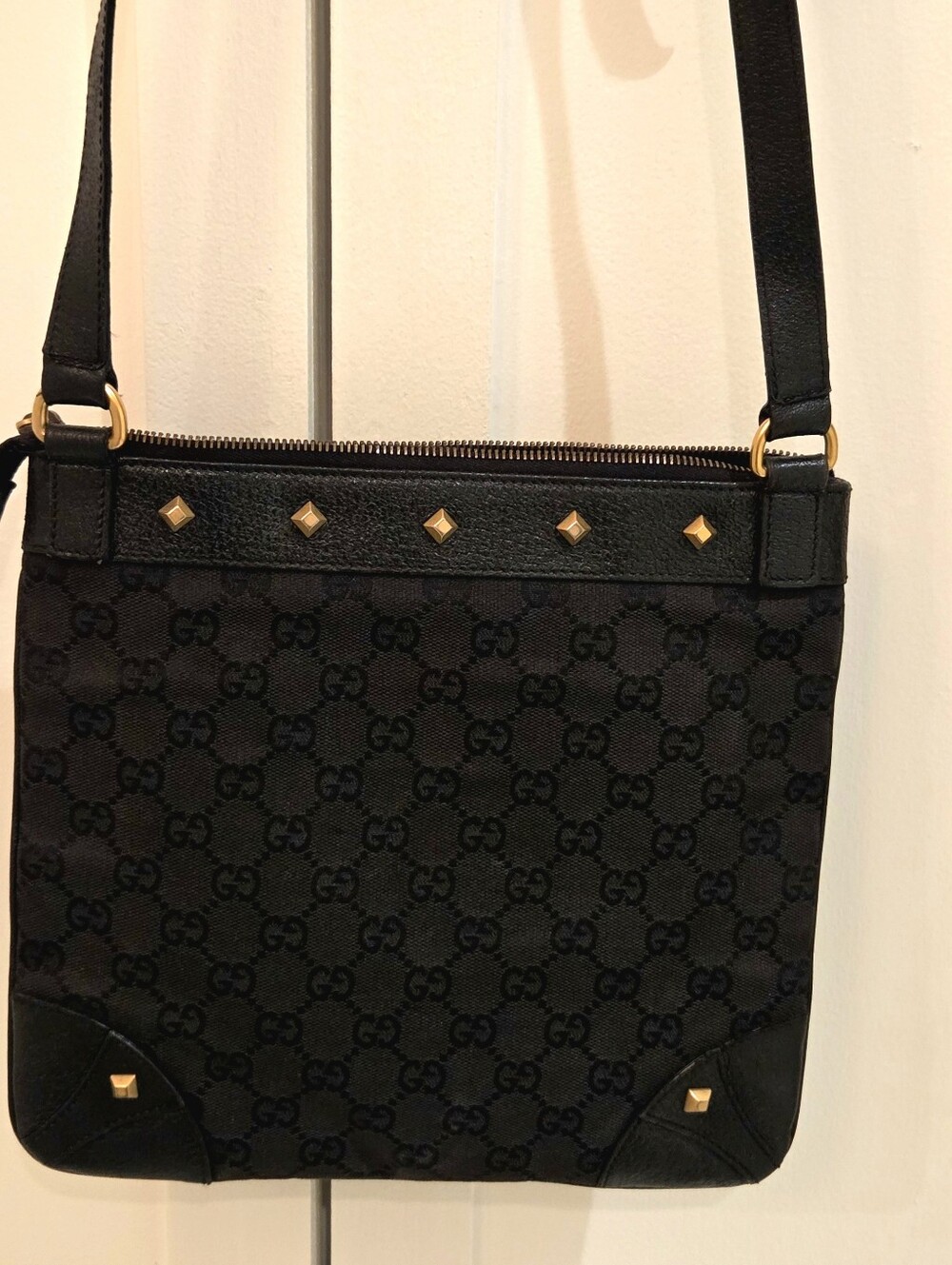 Black GG Monogram Shoulder Bag with Gold Stud Accents - Picture 12 of 16